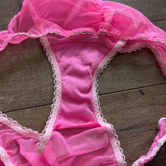 Y2K LNWOT Victoria's Secret Pink Babydoll Chemise & Panty Set Sheer Ruffle Sz L - Picture 7 of 10